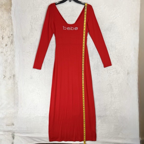 Bebe Long Sleeve Knit Maxi Dress Small Red Swarovski Crystal Rhinestone Logo USA - Picture 11 of 16